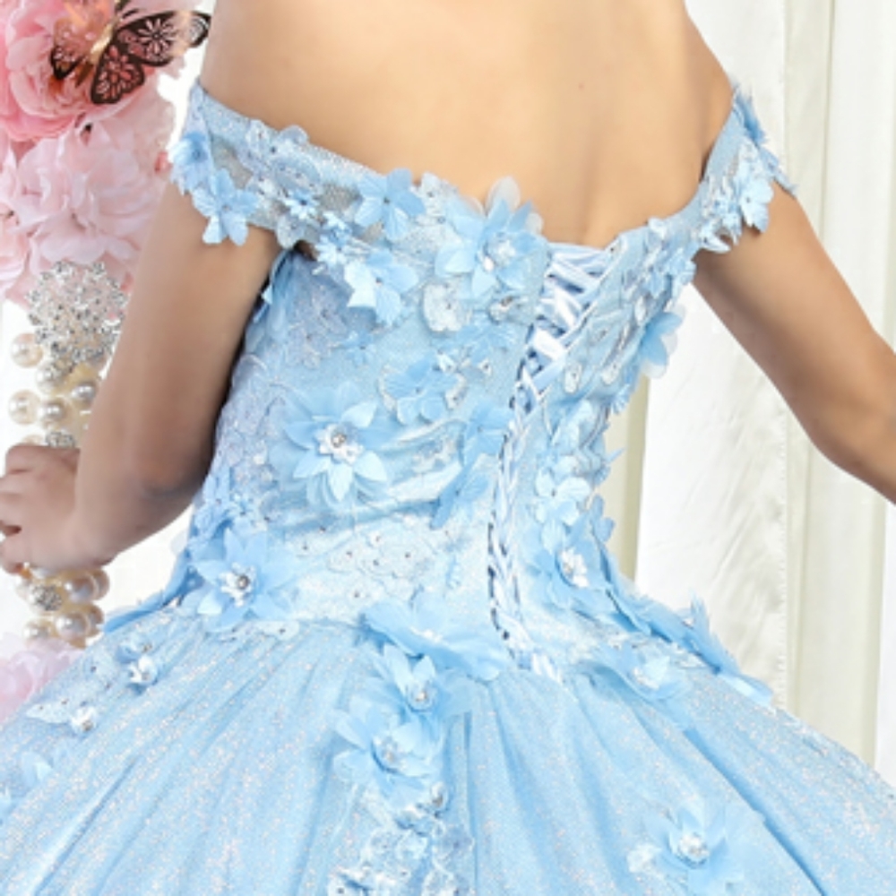 Red or blue Off shoulder floral beaded lace up back quiecenara  ball gown - Picture 5 of 9